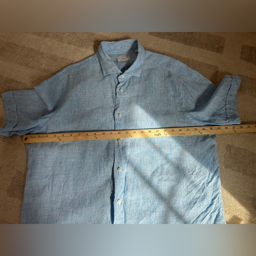 Borriello Napoli Men’s Linen Striped Button Down Short Sleeve Shirt Blue (XXL) - Picture 9 of 9
